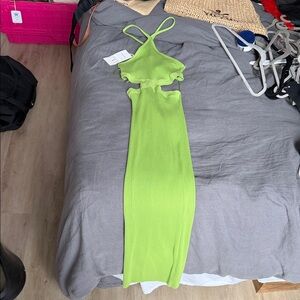 Zara Green Ribbed Cut-Out Maxi Dress